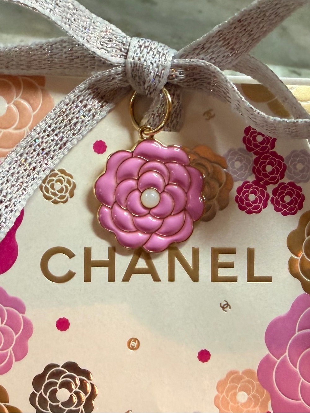 Chanel Pink Camellia Charm with Mini Folding Sparkling Ribbon Gift Bag